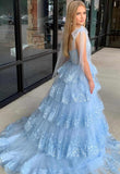 Tie Up Straps Ruffle Lace Skirt Long Prom Dresses, Plung Neck Evening HZ0307