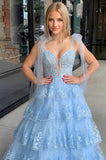 Tie Up Straps Ruffle Lace Skirt Long Prom Dresses, Plung Neck Evening HZ0307