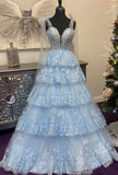Tie Up Straps Ruffle Lace Skirt Long Prom Dresses, Plung Neck Evening HZ0307
