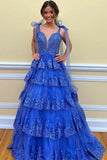 Tie Up Straps Ruffle Lace Skirt Long Prom Dresses, Plung Neck Evening HZ0307