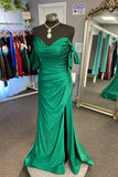 Tie Shoulders Pleated Green Mermaid Long Formal HZ0307