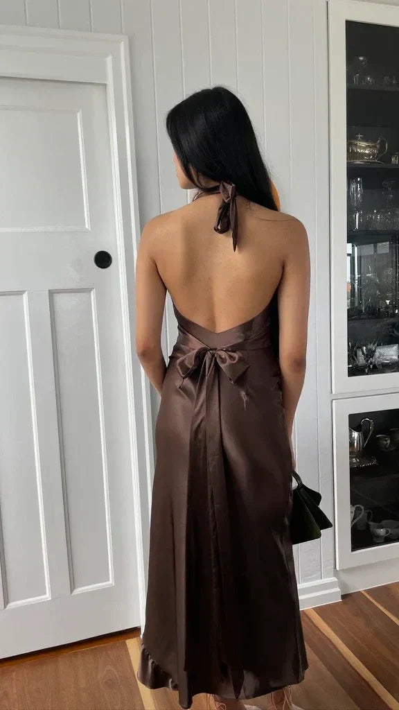 Trendy Senior Prom Dresses, Halter Sheath Satin Party Dress, Tie Up Back Open Formal HZ0307