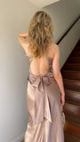 Trendy Senior Prom Dresses, Halter Sheath Satin Party Dress, Tie Up Back Open Formal HZ0307