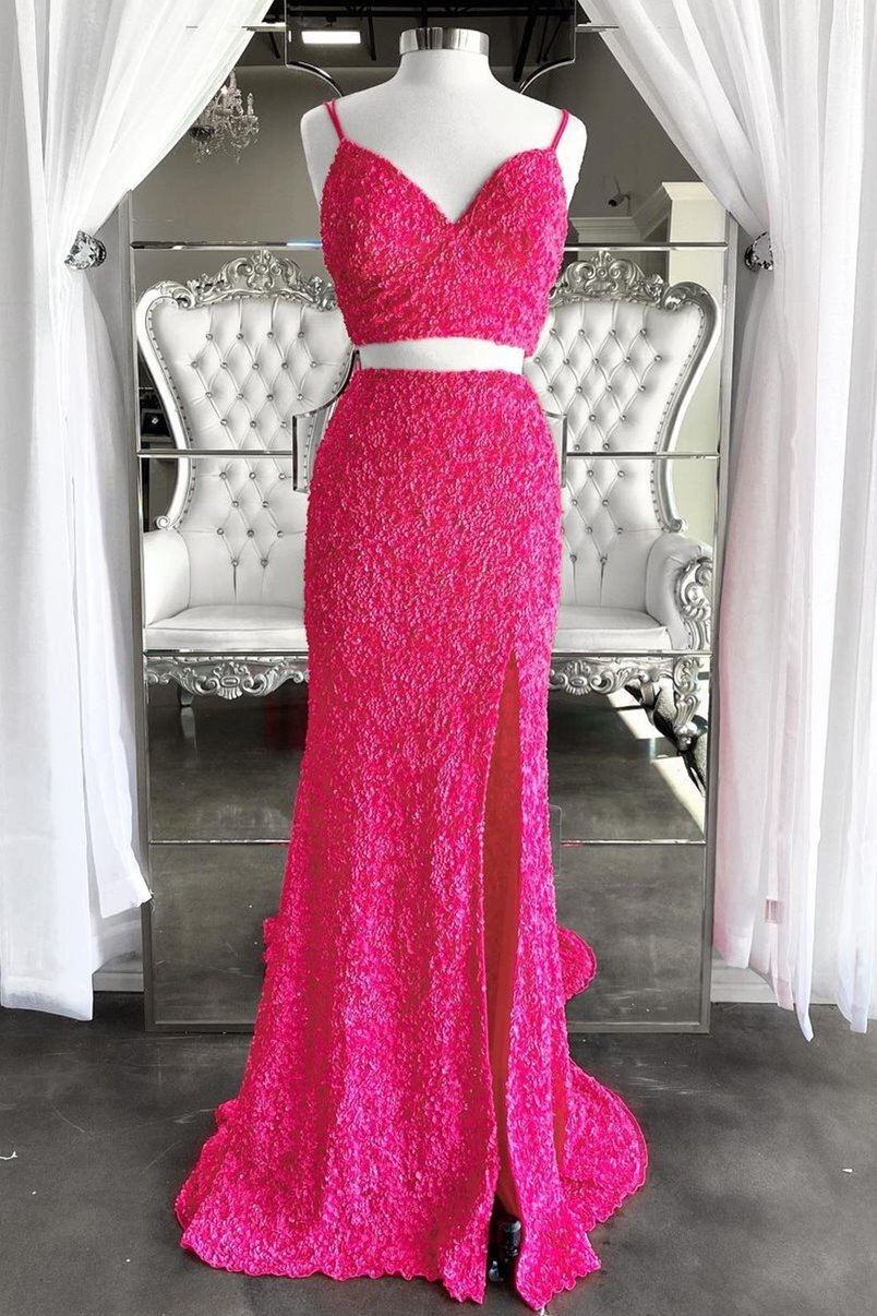 Two Piece Neon Pink Sequin Mermaid Prom HZ0307