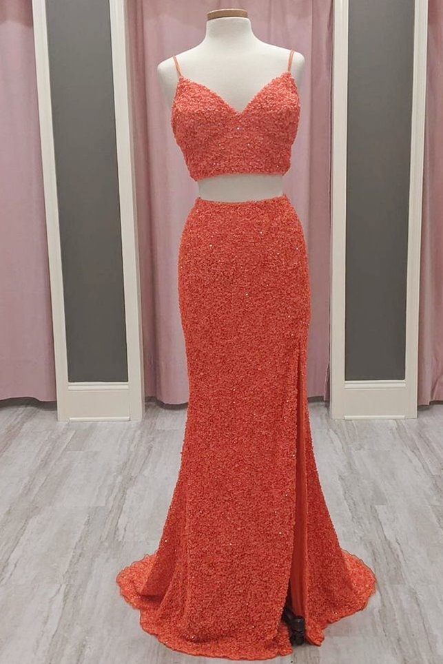 Two Piece Neon Pink Sequin Mermaid Prom HZ0307