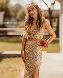 Two Piece Neon Pink Sequin Mermaid Prom HZ0307