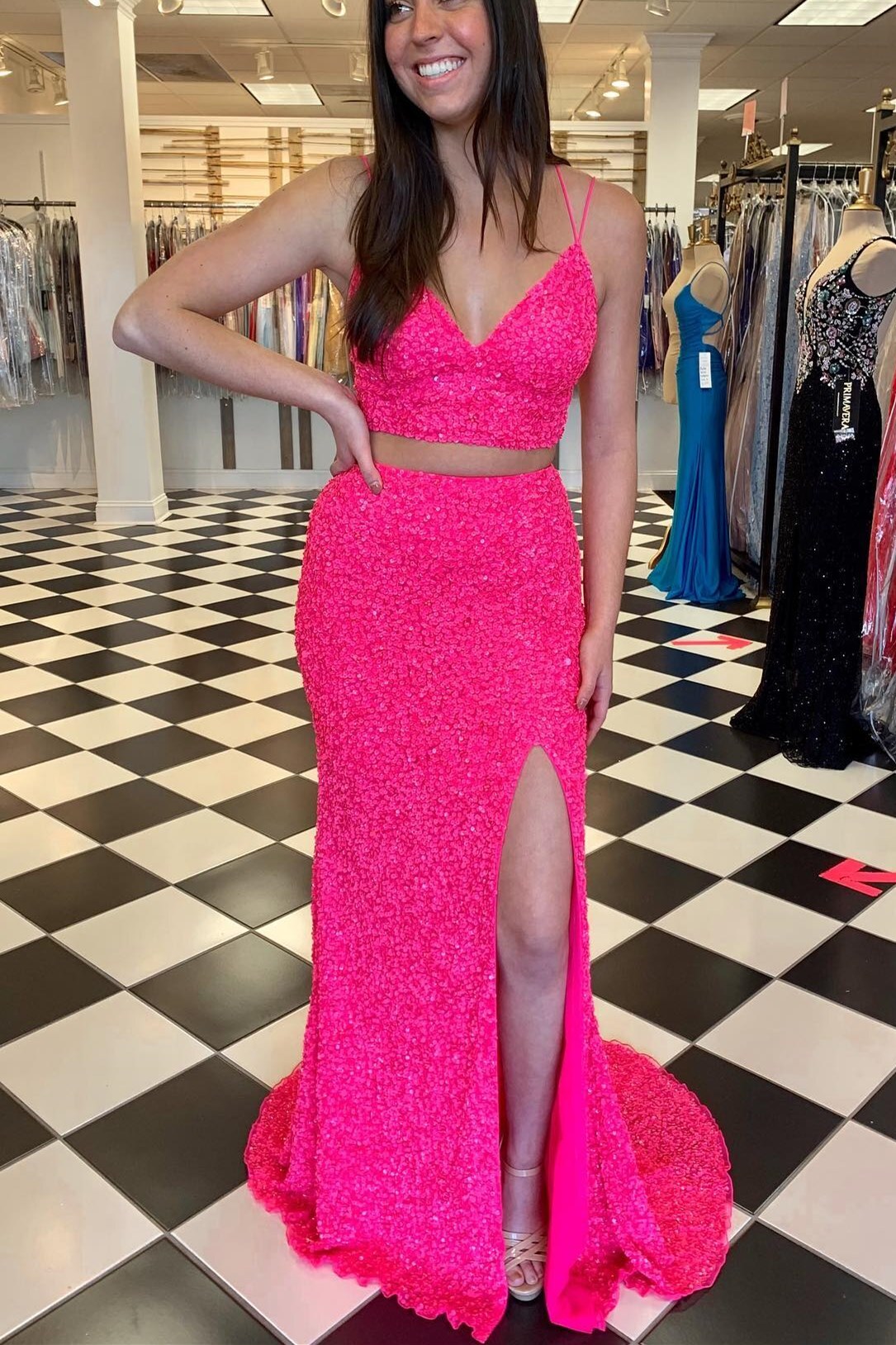 Two Piece Neon Pink Sequins Mermaid Prom HZ0307