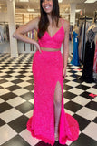Two Piece Neon Pink Sequins Mermaid Prom HZ0307