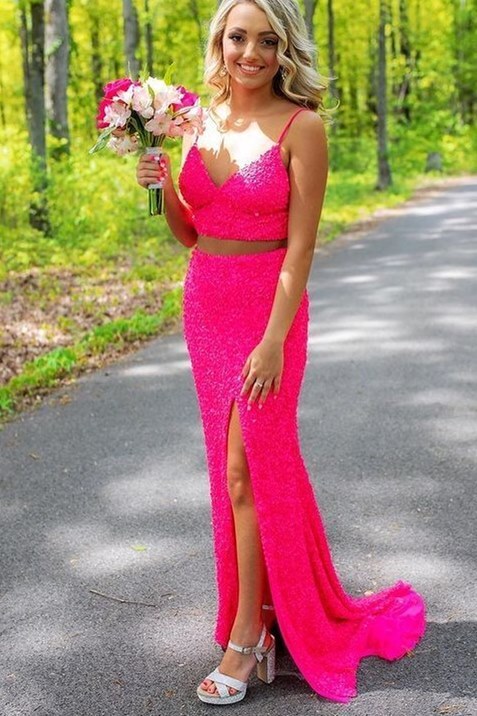 Two Piece Neon Pink Sequins Mermaid Prom HZ0307