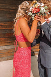 Two Piece Neon Pink Sequins Mermaid Prom HZ0307