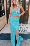 Two Piece Neon Pink Sequins Mermaid Prom HZ0307