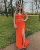 Two Piece Neon Pink Sequins Mermaid Prom HZ0307