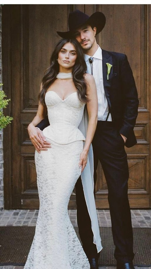 Two Pieces Mermaid Lace Wedding Dresses Sweetheart Sleeveless Evening Prom HZ0307