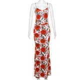 Fast Delivery Two Pieces Mermaid Long Prom Dresses, Rose Floral Print Evening Party Gown, HZ0307