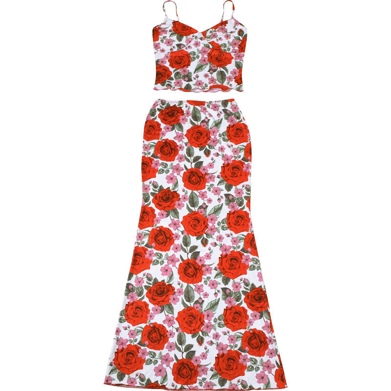 Fast Delivery Two Pieces Mermaid Long Prom Dresses, Rose Floral Print Evening Party Gown, HZ0307