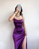 Spaghetti Straps Purple Satin Long Evening Prom HZ0307
