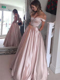 Off The Shoulder Pink A-Line Satin Prom Party HZ0307
