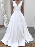 LTP1128,Charming white v-neck long wedding dresses,A-line satin bridal dress,long wedding HZ0307