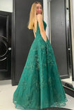 LTP1187,A Line V Neck Green Lace Tulle Prom Dresses,Green Lace Formal Graduation HZ0307