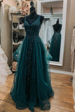 Dark Green Open Back V-Neck Applique Beaded Tulle Prom HZ0307
