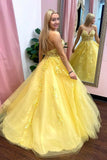LTP0862,V Neck Open Back Yellow Tulle Lace Long Prom Dresses,V Neck Yellow Formal Dresses,Yellow Lace Evening HZ0307