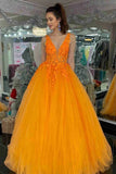 LTP1594,Gorgeous Orange Tulle Prom Dresses,V-Neck Floral Applique Long Evening HZ0307