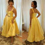 Yellow A-Line Satin Homecoming Dresses Tea Length Celebrating Dress with Beaded HZ0307
