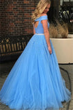 Vestido Two Pieces Sky Blue Pearl Beaded A-Line Formal Prom HZ0307
