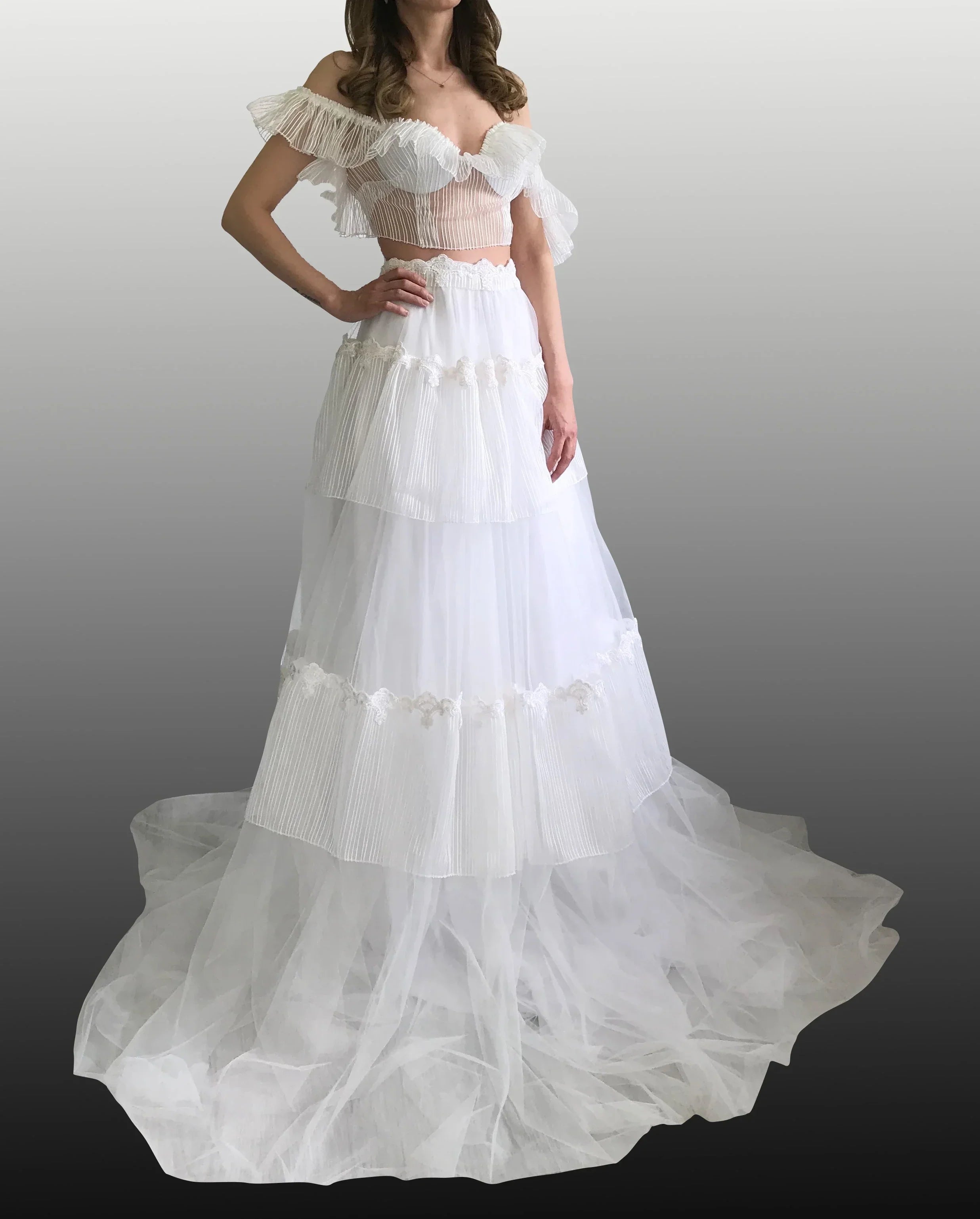Two Pieces Pleated White Prom Dresses, White Bridal Gown, Off The Shoulder Wedding HZ0307