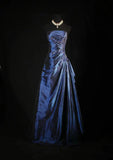 Vintage Ball Gown Strapless Navy Blue Satin Long Prom Dresses Party Dress HZ0307