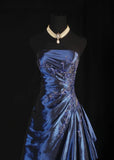 Vintage Ball Gown Strapless Navy Blue Satin Long Prom Dresses Party Dress HZ0307