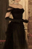 Vintage Black Tulle Ball Gown One Side Shoulder Long Prom HZ0307