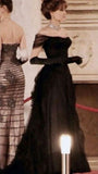 Vintage Black Tulle Ball Gown One Side Shoulder Long Prom HZ0307