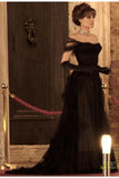 Vintage Black Tulle Ball Gown One Side Shoulder Long Prom HZ0307
