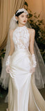 Vintage Lace High Neck Satin Wedding Dress, Sleeveless France Romance Bridal HZ0307