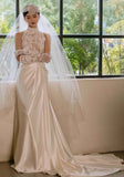 Vintage Lace High Neck Satin Wedding Dress, Sleeveless France Romance Bridal HZ0307