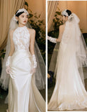 Vintage Lace High Neck Satin Wedding Dress, Sleeveless France Romance Bridal HZ0307