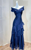 Vintage Off The Shoulder Blue Party Dresses Ruffle Senior Prom HZ0307