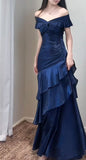 Vintage Off The Shoulder Blue Party Dresses Ruffle Senior Prom HZ0307
