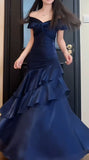Vintage Off The Shoulder Blue Party Dresses Ruffle Senior Prom HZ0307