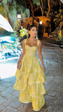 Vintage Pastel Yellow Floral Ruffle Tiered A-Line Long Party Dress Prom HZ0307