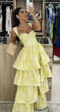 Vintage Pastel Yellow Floral Ruffle Tiered A-Line Long Party Dress Prom HZ0307