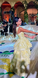 Vintage Pastel Yellow Floral Ruffle Tiered A-Line Long Party Dress Prom HZ0307