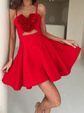 Vintage Red 3D Floral A-Line Homecoming Dress Satin Mini Ball Gown, HZ0307