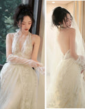 Vintage Spring Forest Wedding Dress, White Lace V-neck Bridal Wedding HZ0307