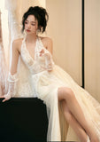 Vintage Spring Forest Wedding Dress, White Lace V-neck Bridal Wedding HZ0307