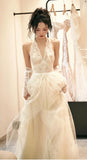 Vintage Spring Forest Wedding Dress, White Lace V-neck Bridal Wedding HZ0307