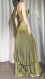 Vintage Two Pieces Olive Green Chiffon Prom Dresses Lace Beaded Appliques Evening Party HZ0307