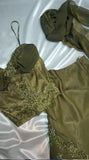Vintage Two Pieces Olive Green Chiffon Prom Dresses Lace Beaded Appliques Evening Party HZ0307