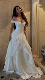 Vintage White Off The Shoulder Satin Chiffon Wedding Dresses Bridal HZ0307